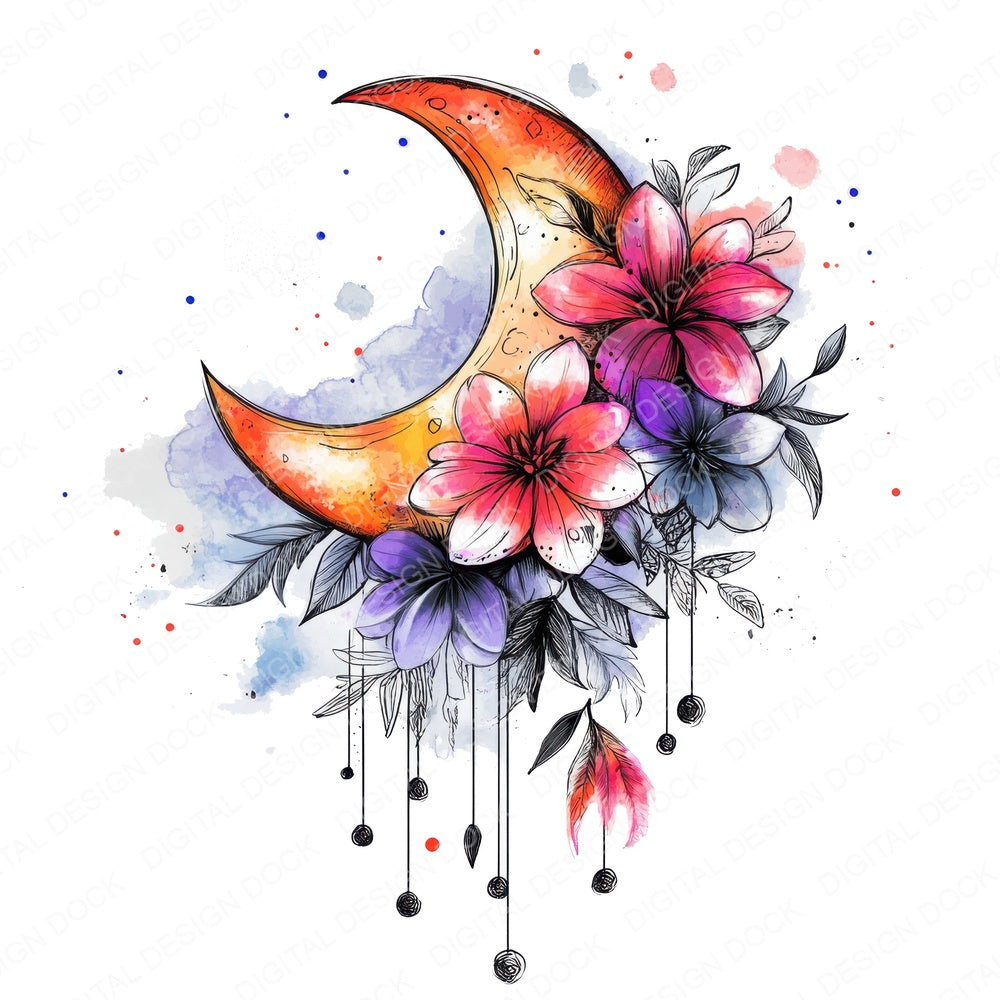 Boho Moon Flowers Clipart Set (DDD004736)