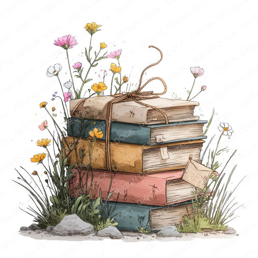 Book Stack Wildflowers Clipart Set (DDD004754)