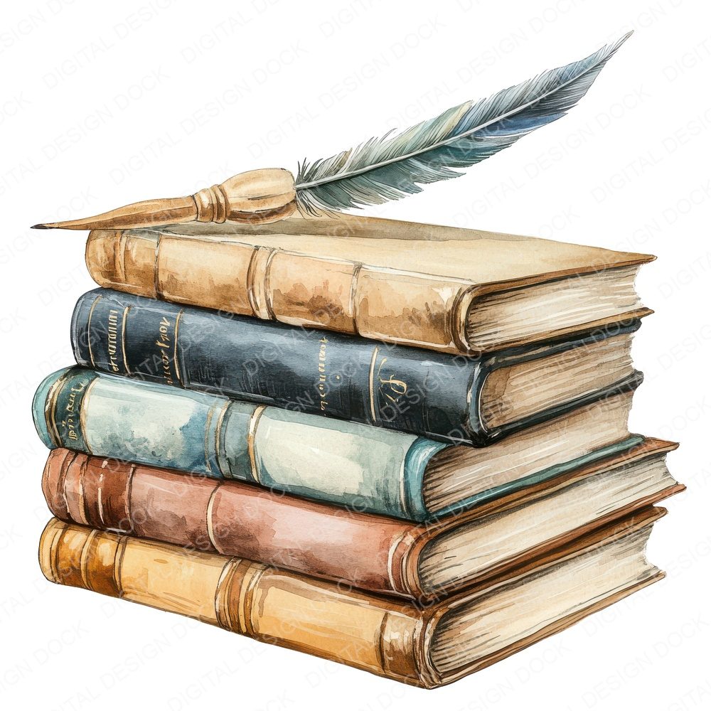 Books with Feathered Quill Clipart Set (DDD004757)
