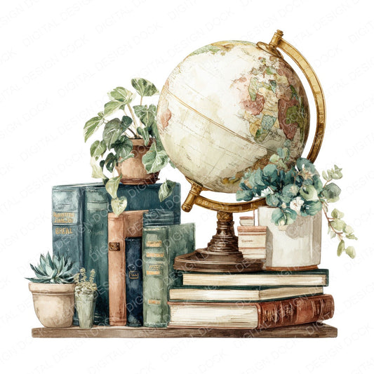 Bookshelf with Globe and Plants fussy cut sheet in US Letter format showing all 12 designs on one printable page