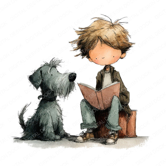 Boy Reading with Dog fussy cut sheet in US Letter format showing all 12 designs on one printable page