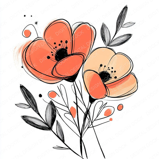 Bright Coral Abstract Flowers fussy cut sheet in US Letter format showing all 12 designs on one printable page