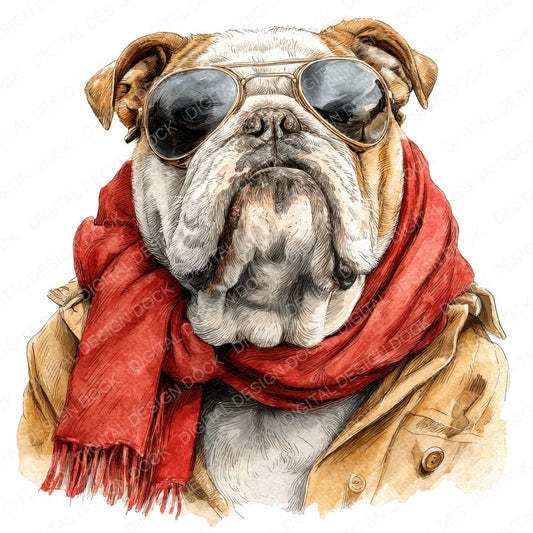 Bulldog with Sunglasses fussy cut sheet in US Letter format showing all 12 designs on one printable page