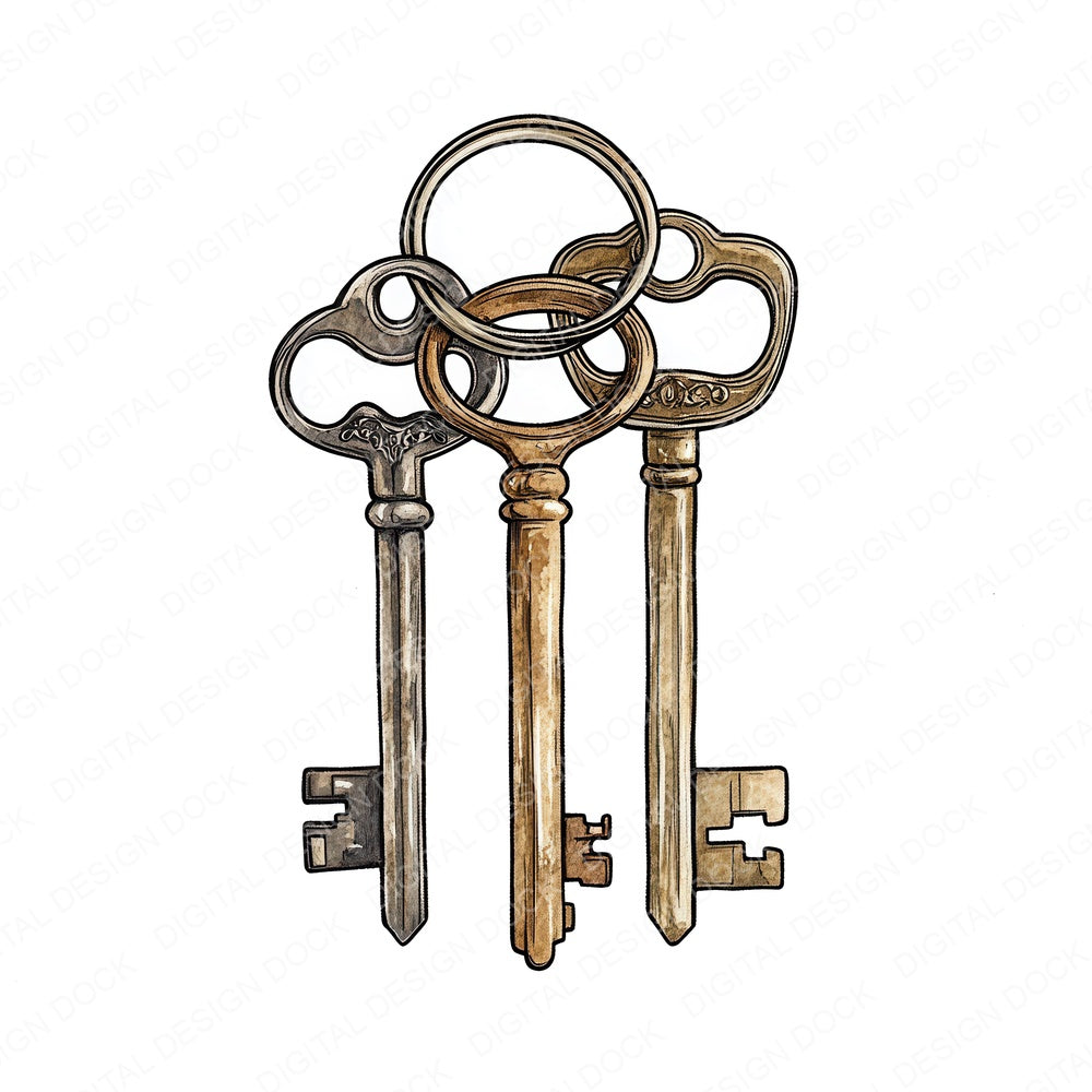 Bunch of Antique Keys fussy cut sheet in US Letter format showing all 12 designs on one printable page