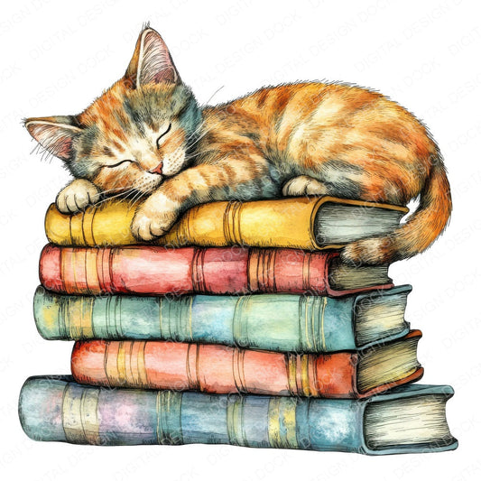 Cat Sleeping on Books fussy cut sheet in US Letter format showing all 12 designs on one printable page