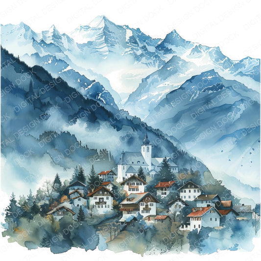 Charming Village in the Swiss Alps fussy cut sheet in US Letter format showing all 12 designs on one printable page