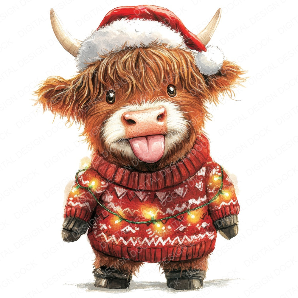 Cheeky Christmas Highland Cow fussy cut sheet in US Letter format showing all 12 designs on one printable page