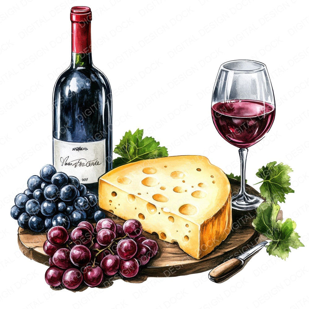 Cheese Wine Grapes fussy cut sheet in US Letter format showing all 12 designs on one printable page