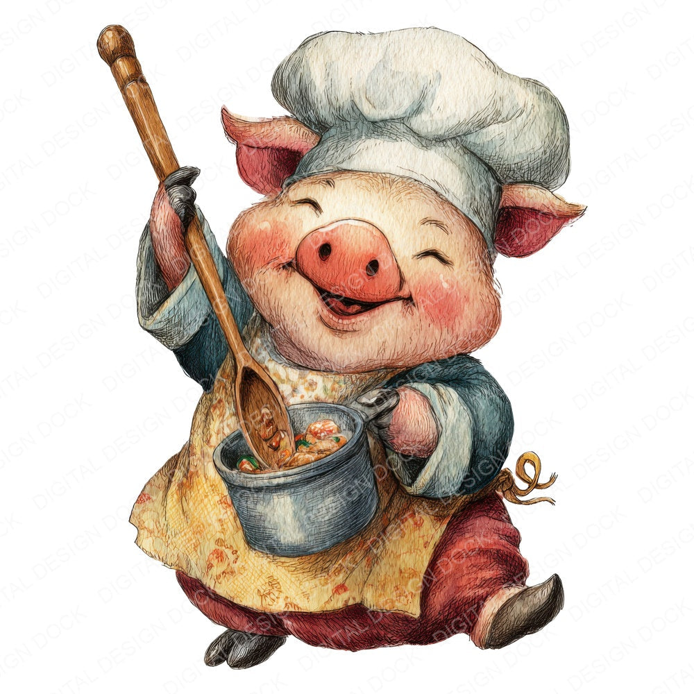 Chef Pig Cartoon fussy cut sheet in US Letter format showing all 12 designs on one printable page