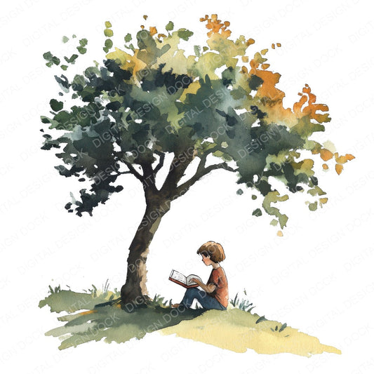 Child Reading Under Tree fussy cut sheet in US Letter format showing all 12 designs on one printable page
