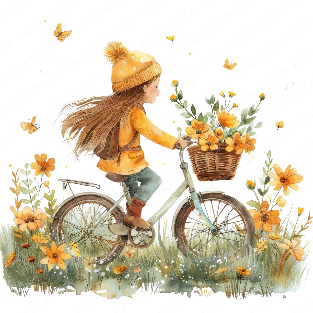 Child Riding Bicycle Flower Basket fussy cut sheet in US Letter format showing all 12 designs on one printable page