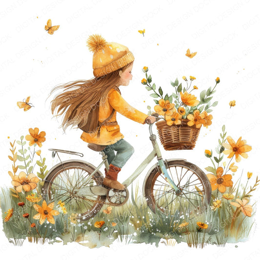 Child Riding Bicycle Flower Basket fussy cut sheet in US Letter format showing all 12 designs on one printable page