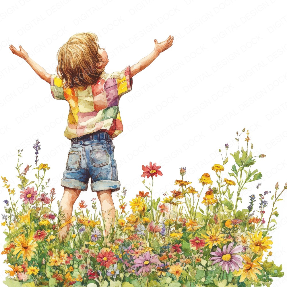 Child in Flower Meadow fussy cut sheet in US Letter format showing all 12 designs on one printable page