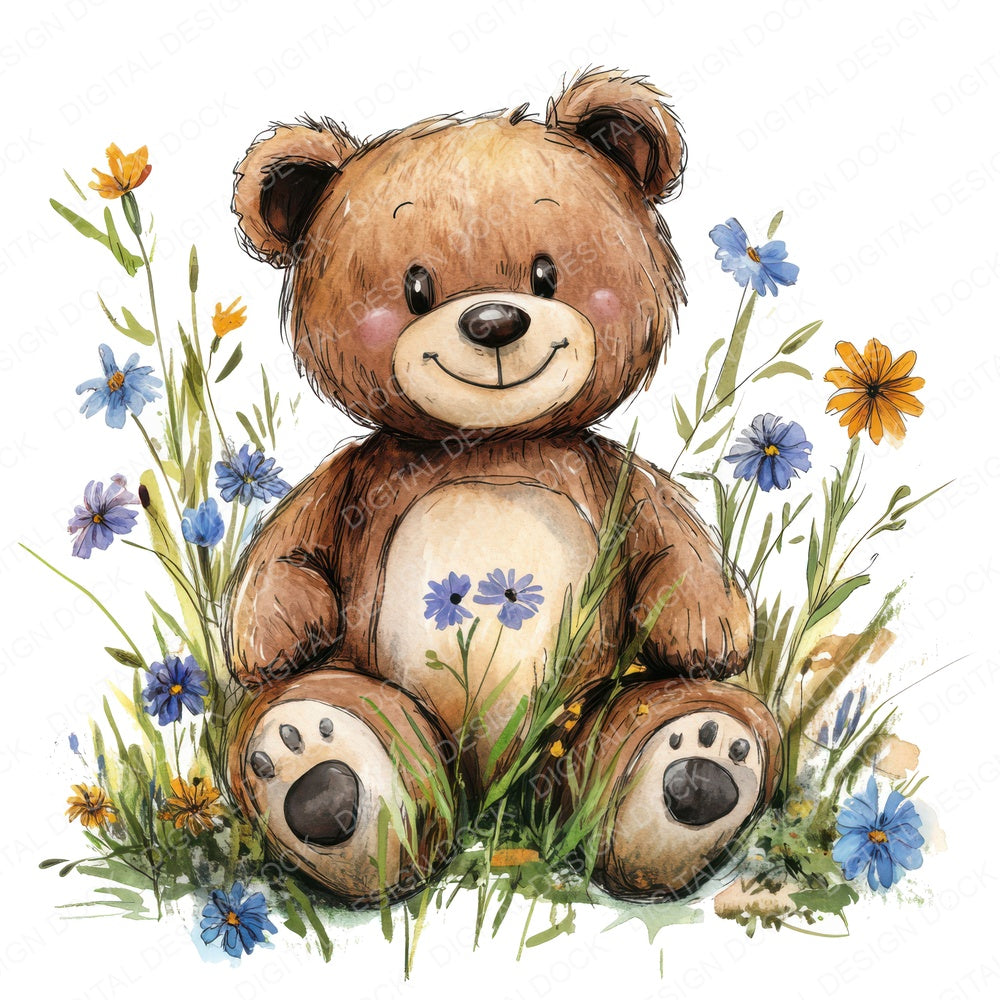 Childs Teddy Bear in Wildflowers fussy cut sheet in US Letter format showing all 12 designs on one printable page