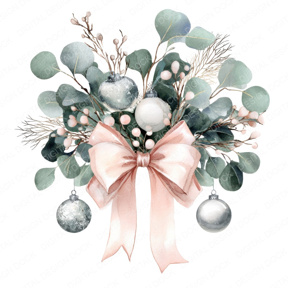 Christmas Bow with Eucalyptus fussy cut sheet in US Letter format showing all 12 designs on one printable page