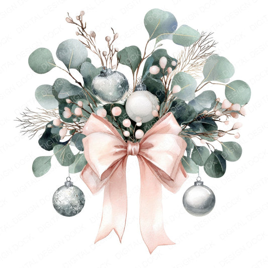Christmas Bow with Eucalyptus fussy cut sheet in US Letter format showing all 12 designs on one printable page