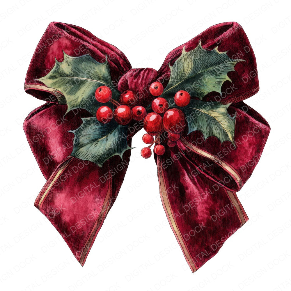 Christmas Bow with Holly fussy cut sheet in US Letter format showing all 12 designs on one printable page