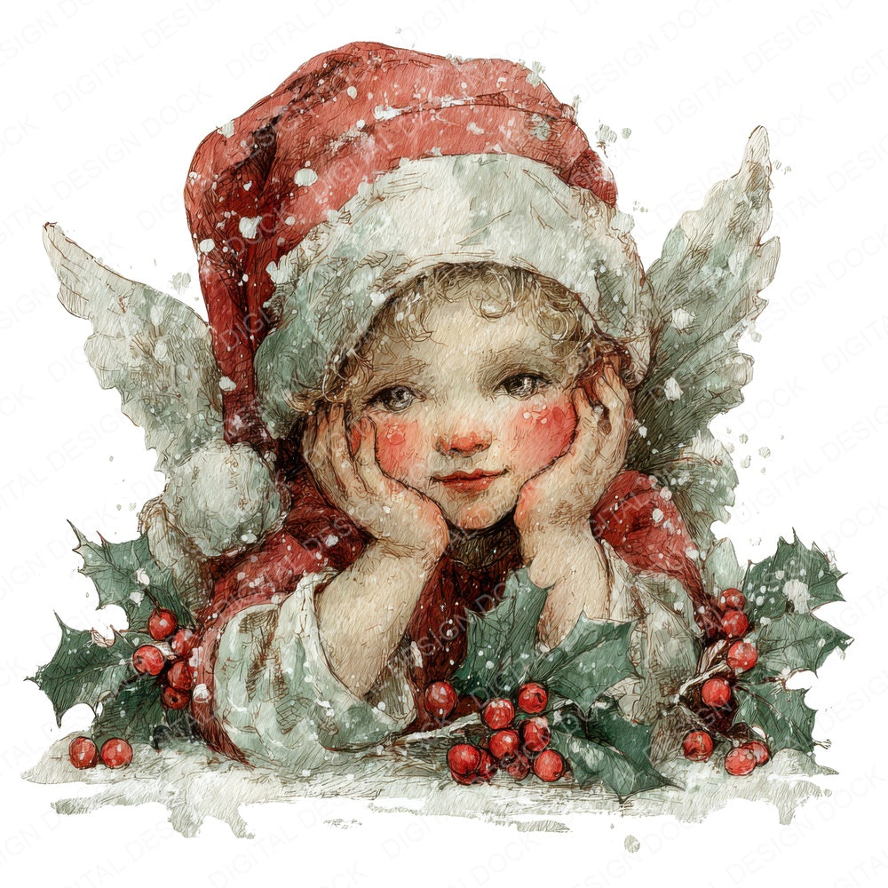 Christmas Cherub with Holly fussy cut sheet in US Letter format showing all 12 designs on one printable page