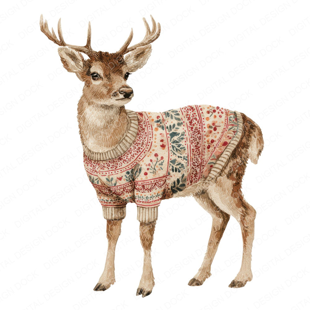 Christmas Deer in Jumper fussy cut sheet in US Letter format showing all 12 designs on one printable page