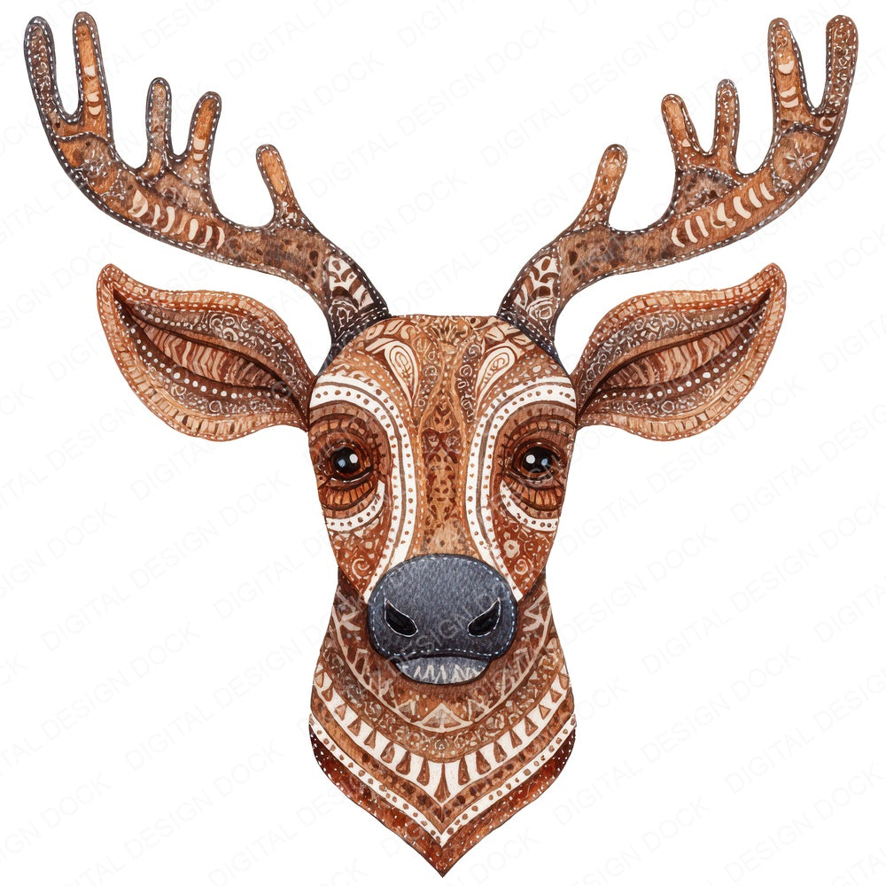 Christmas Folk Art Reindeer Head Clipart Set (DDD004881)