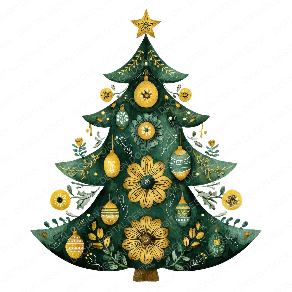 Christmas Folk Art Tree fussy cut sheet in US Letter format showing all 12 designs on one printable page