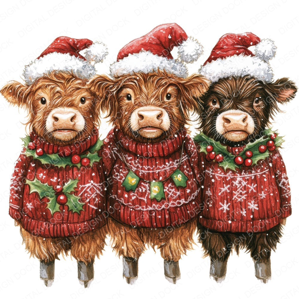 Christmas Highland Cow Group fussy cut sheet in US Letter format showing all 12 designs on one printable page
