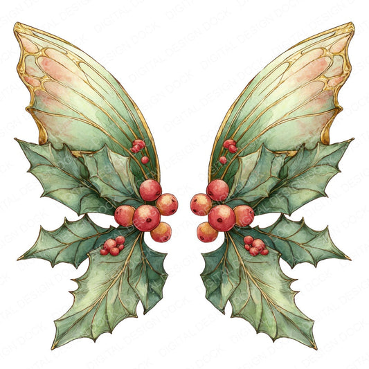 Christmas Holly Fairy Wings fussy cut sheet in US Letter format showing all 12 designs on one printable page