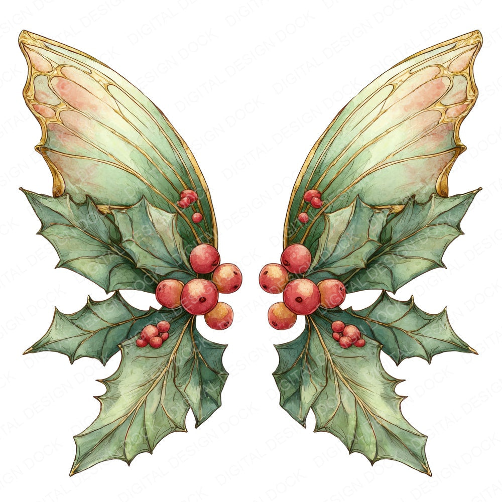 Christmas Holly Fairy Wings fussy cut sheet in US Letter format showing all 12 designs on one printable page