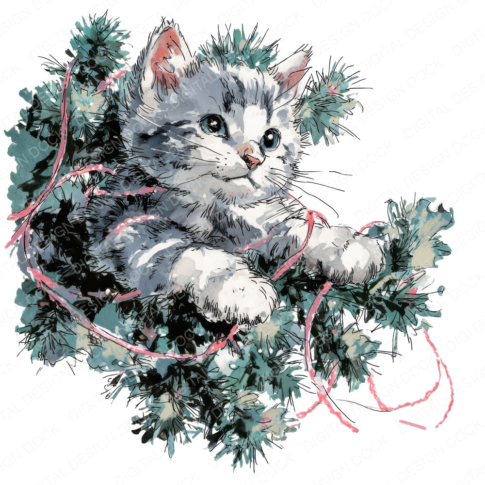 Christmas Kitten with Tinsel fussy cut sheet in US Letter format showing all 12 designs on one printable page