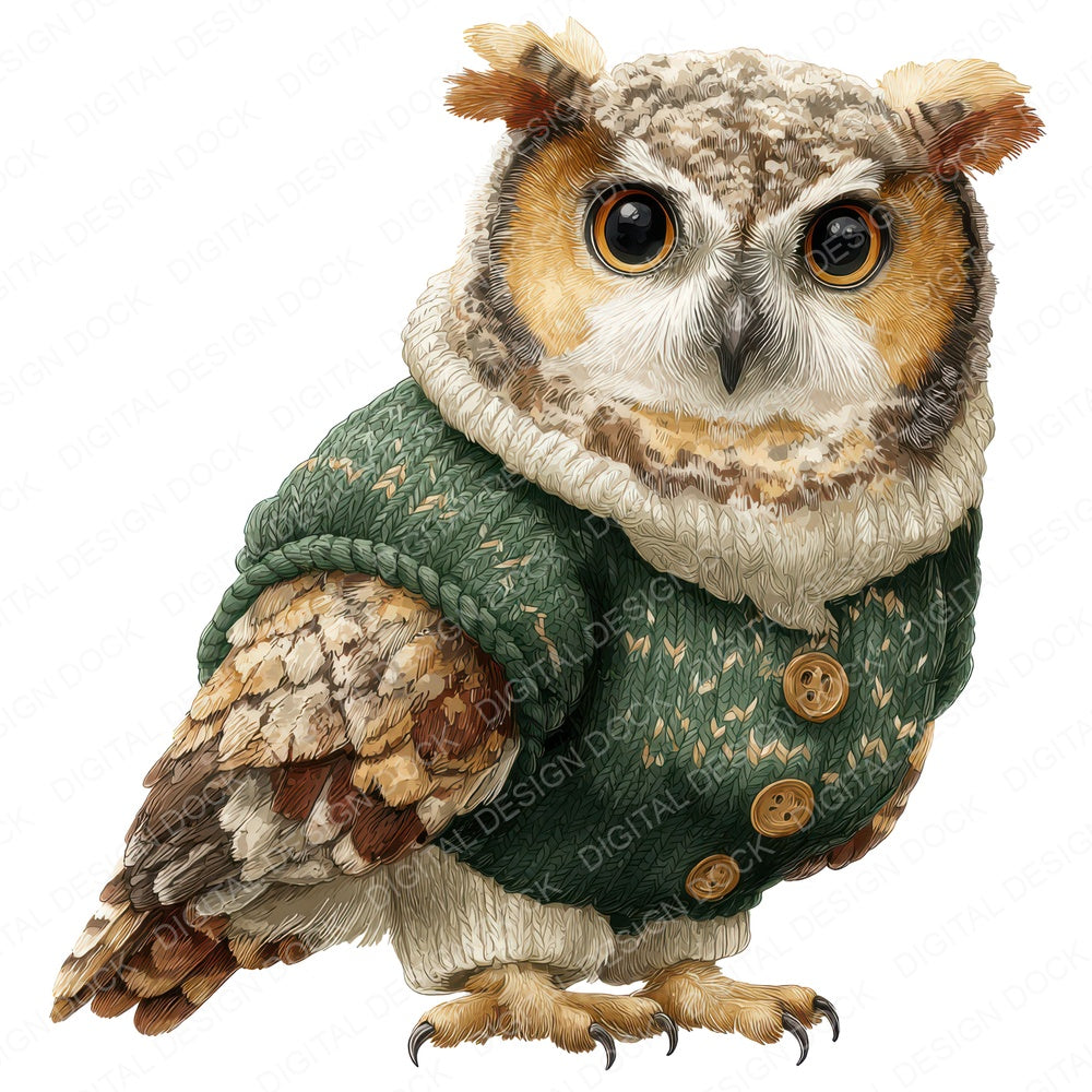 Christmas Owl in Jumper fussy cut sheet in US Letter format showing all 12 designs on one printable page
