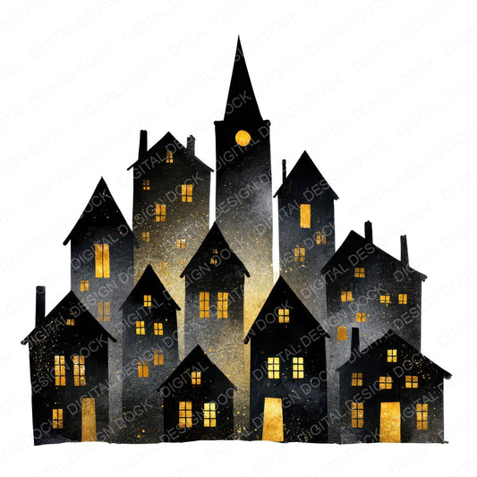 Christmas Village Silhouette fussy cut sheet in US Letter format showing all 12 designs on one printable page