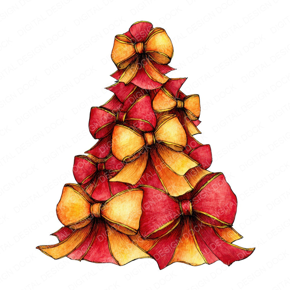 Christmas Watercolour Bow Tree fussy cut sheet in US Letter format showing all 12 designs on one printable page