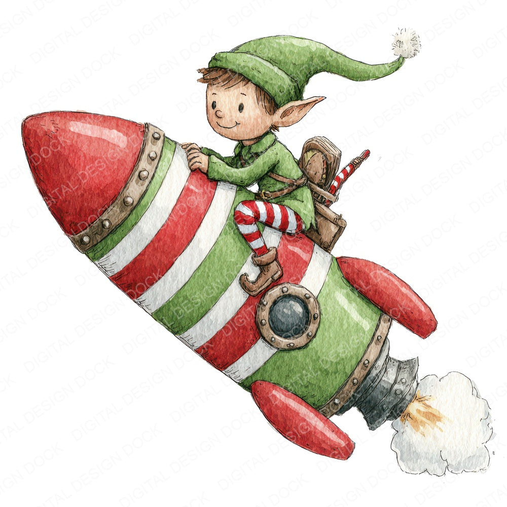 Christmas Watercolour Elf Rocket fussy cut sheet in US Letter format showing all 12 designs on one printable page