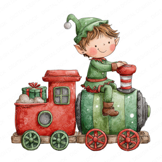 Christmas Watercolour Elf Train fussy cut sheet in US Letter format showing all 12 designs on one printable page