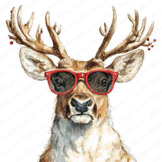 Christmas Watercolour Reindeer Glasses fussy cut sheet in US Letter format showing all 12 designs on one printable page