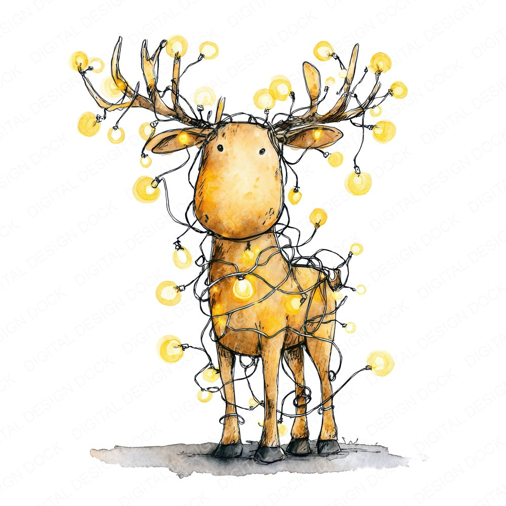 Christmas Watercolour Reindeer Lights fussy cut sheet in US Letter format showing all 12 designs on one printable page