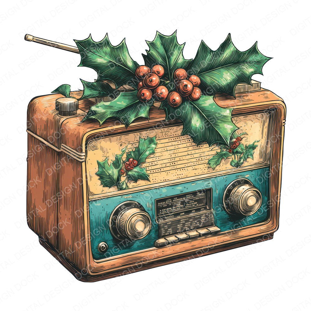 Christmas Watercolour Retro Radio fussy cut sheet in US Letter format showing all 12 designs on one printable page