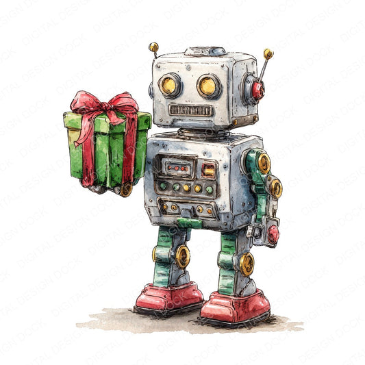 Christmas Watercolour Retro Robot fussy cut sheet in US Letter format showing all 12 designs on one printable page