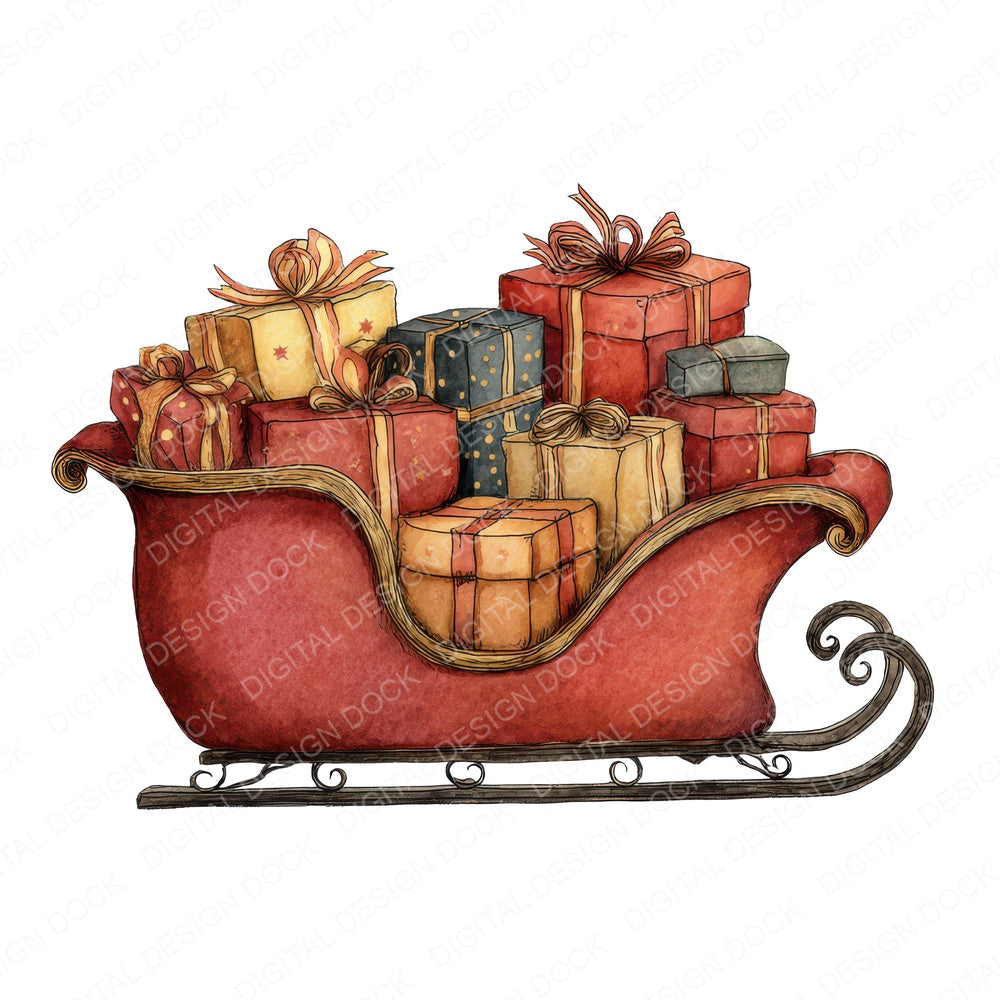 Christmas Watercolour Retro Sleigh fussy cut sheet in US Letter format showing all 12 designs on one printable page