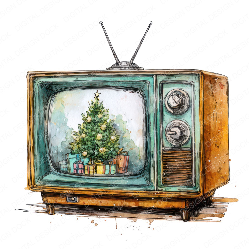 Christmas Watercolour Retro TV fussy cut sheet in US Letter format showing all 12 designs on one printable page