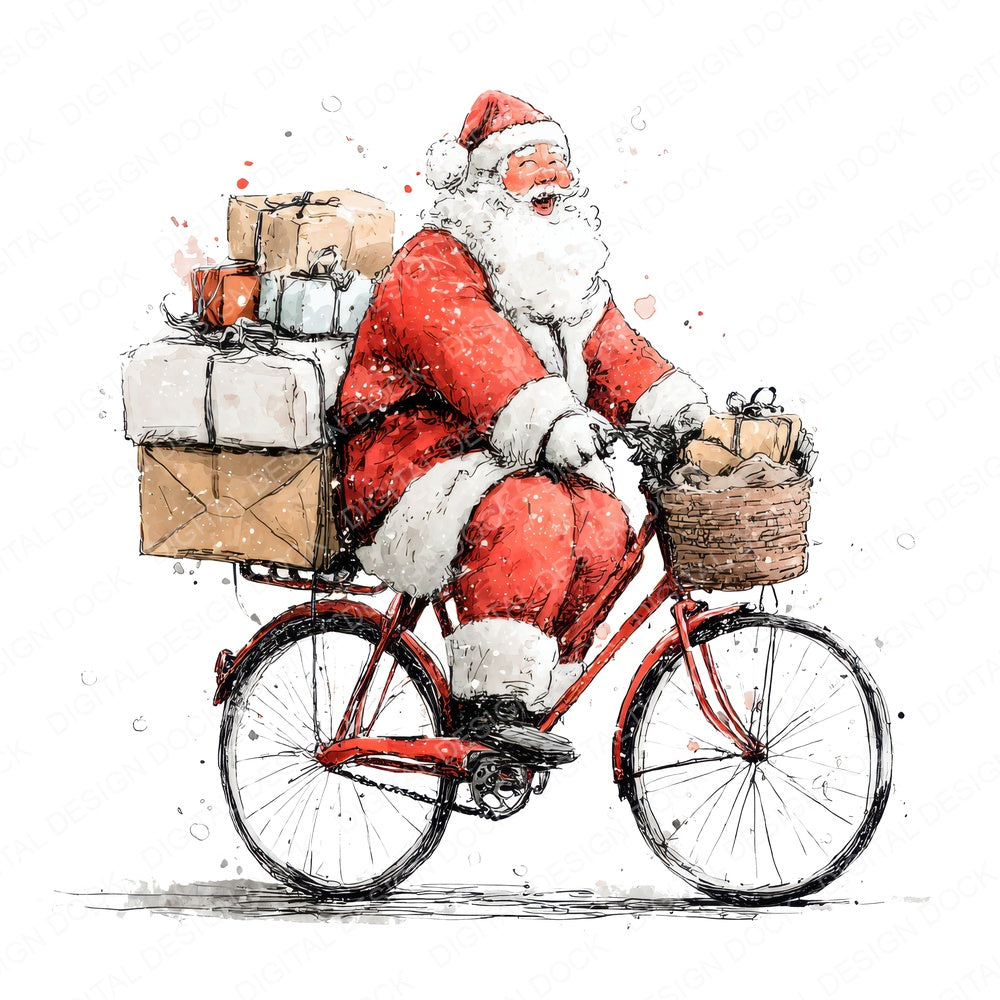 Christmas Watercolour Santa Bicycle fussy cut sheet in US Letter format showing all 12 designs on one printable page