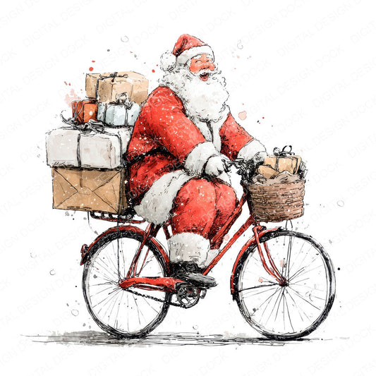 Christmas Watercolour Santa Bicycle fussy cut sheet in US Letter format showing all 12 designs on one printable page