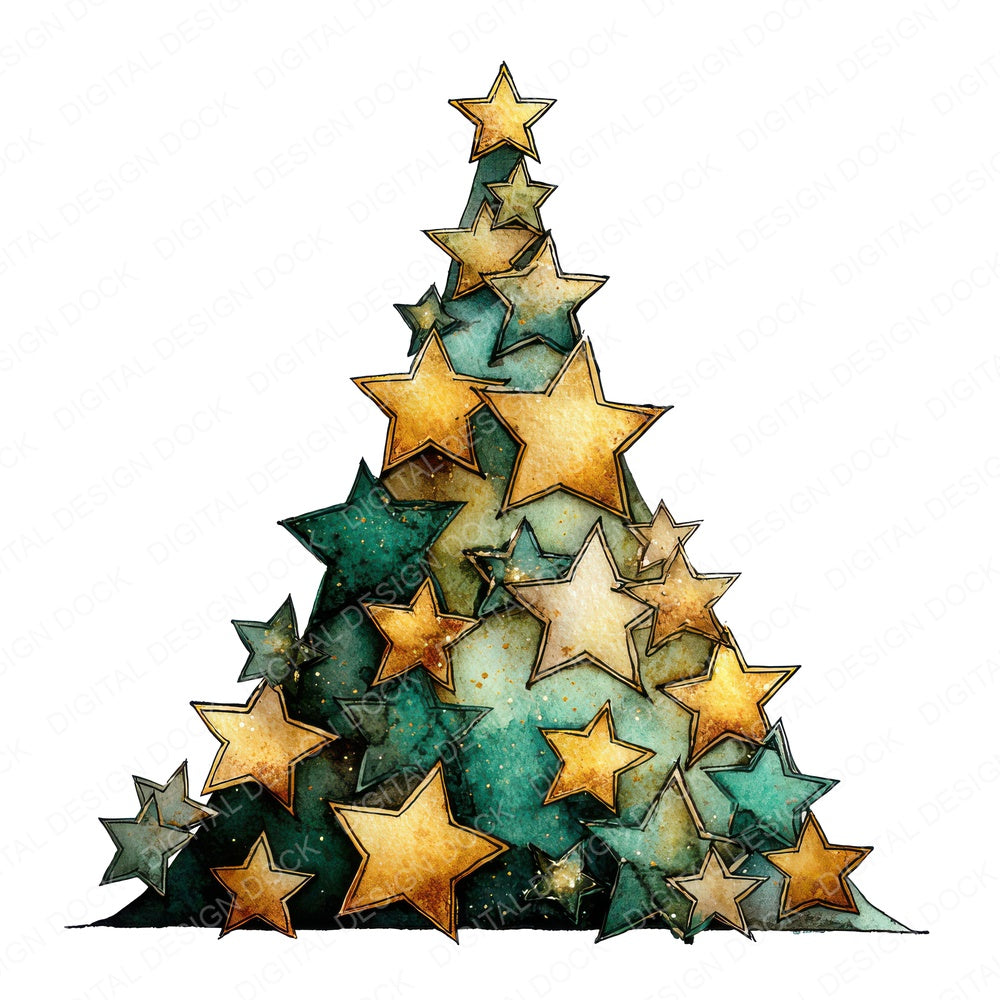 Christmas Watercolour Star Tree B fussy cut sheet in US Letter format showing all 12 designs on one printable page