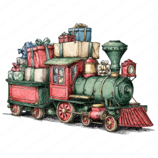 Christmas Watercolour Toy Train fussy cut sheet in US Letter format showing all 12 designs on one printable page