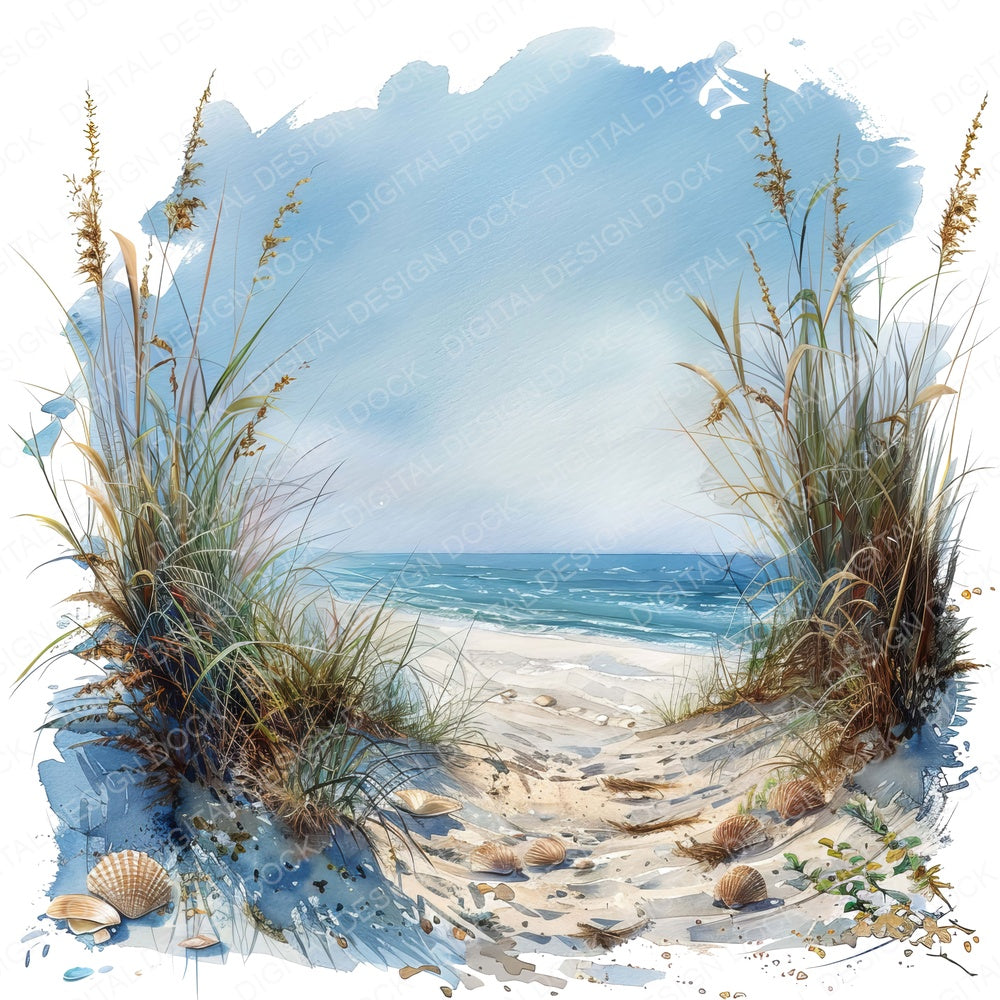 Coastal Sand Dunes with Seashells fussy cut sheet in US Letter format showing all 12 designs on one printable page