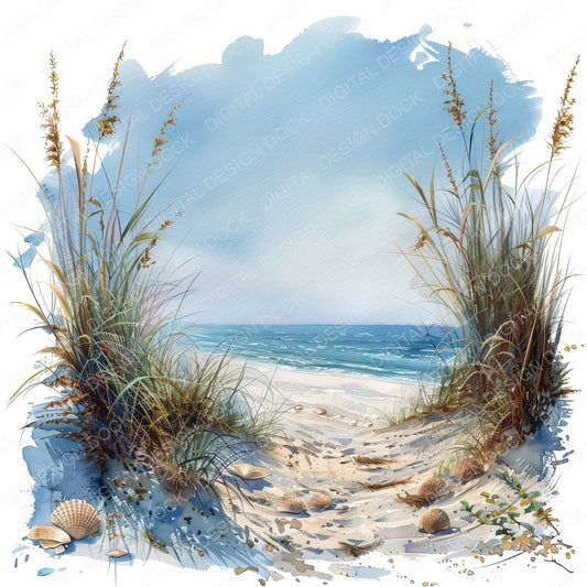 Coastal Sand Dunes with Seashells fussy cut sheet in US Letter format showing all 12 designs on one printable page