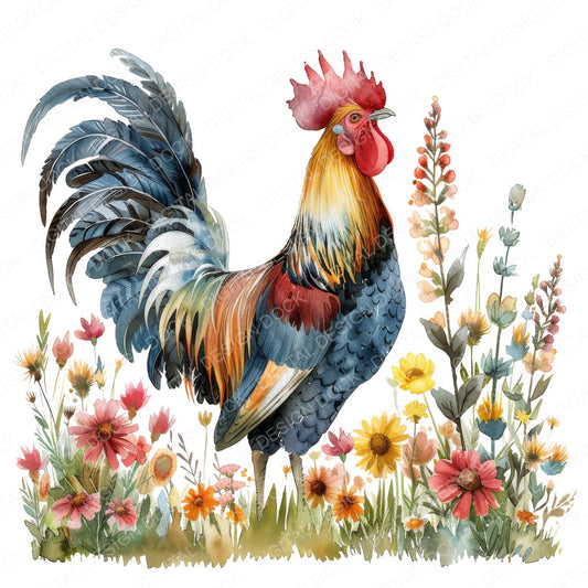 Cockerel in Wildflowers fussy cut sheet in US Letter format showing all 12 designs on one printable page