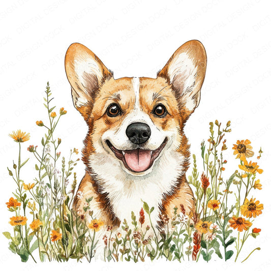 Corgi Dog Wildflower fussy cut sheet in US Letter format showing all 12 designs on one printable page