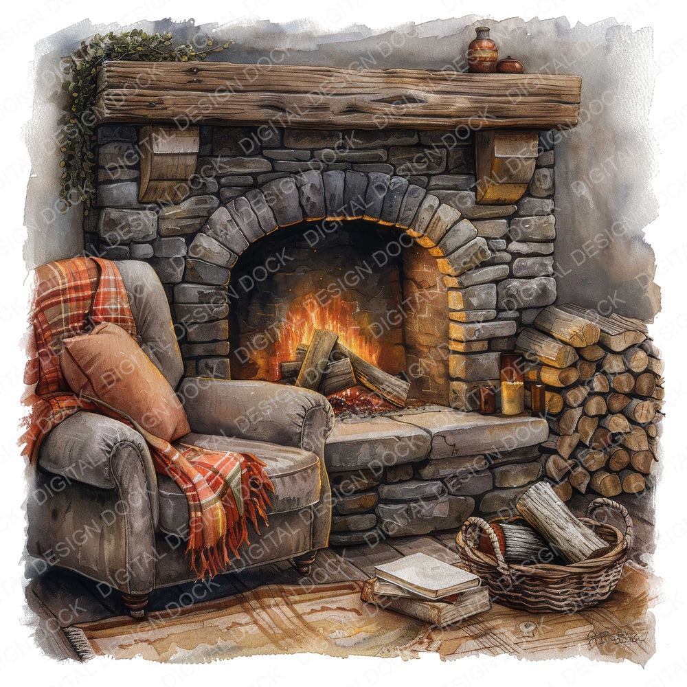 Cozy Chair next to Fireplace fussy cut sheet in US Letter format showing all 12 designs on one printable page