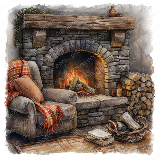 Cozy Chair next to Fireplace fussy cut sheet in US Letter format showing all 12 designs on one printable page